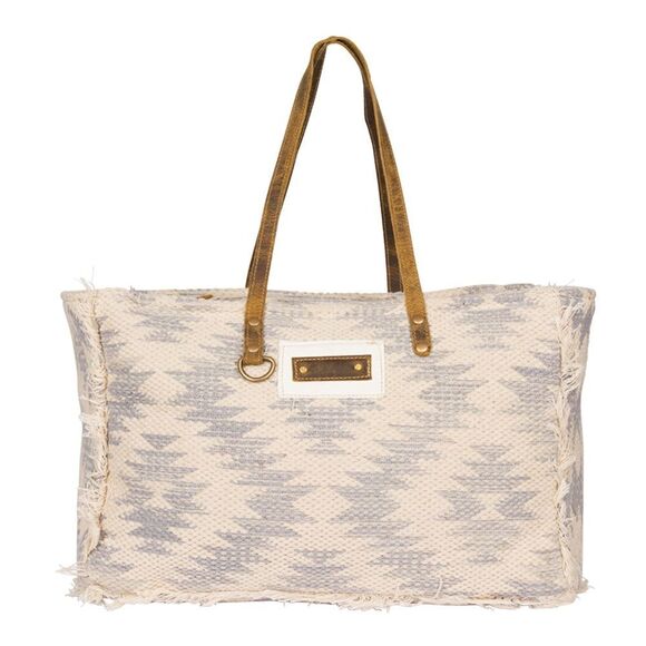 Myra Bag Cream and Gray Travel Tote with Leather Handles - Picture 1 of 8